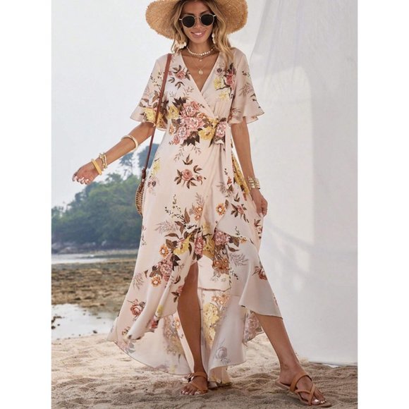 Boho Floral Flounce Sleeve Ruffle Trim Wrap Knot Side Dress - Picture 7 of 7